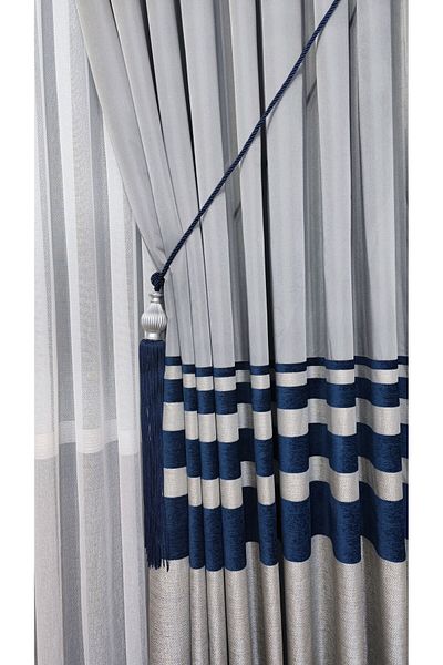Yuka Panel Background Curtain Light Gray Navy Blue Chenille Horizontal Striped Single Wing Closely Pleated Yuka Home Luxury Series