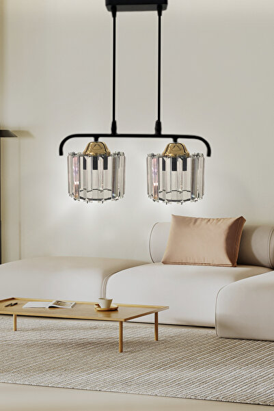 Birsen Aydınlatma Elmas 2'li Gold Kristal Taşlı Lüx Sarkıt Avize - Yatak Odas...