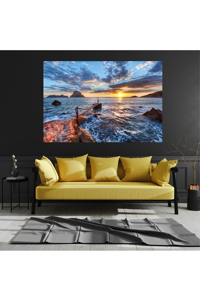 HDART Soyut Deniz Iskele Üzerinde Gün Batımı Güneş Doğa Manzara Sahil Duvar K...