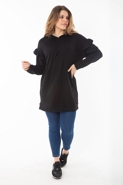 Şans Women's Large Size Black Hooded Sweatshirt with Three Thread Sleeve Detail 65N37299