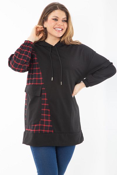 Şans Women's Large Size Black Plaid Garnished Hooded Sweatshirt 65N37289