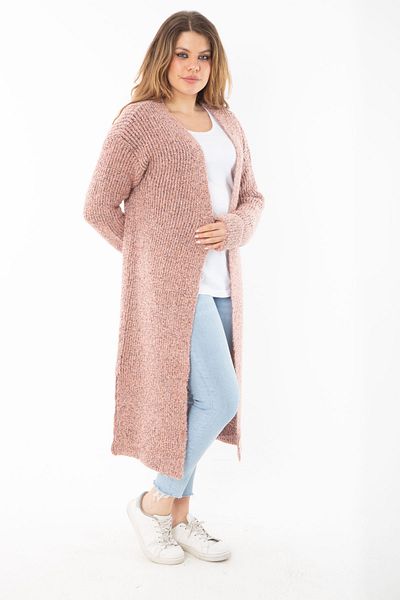 Şans Women's Plus Size Color Slit Thick Knitwear Long Cardigan 65N37306