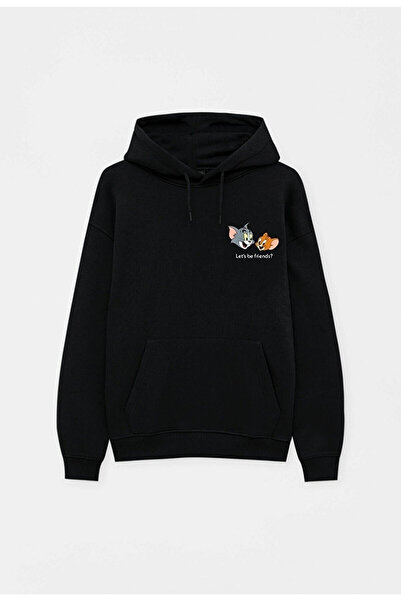 Josette Unisex Siyah Tom Ve Jerry Friends Baskılı Kapüşonlu Oversize Sweatshirt