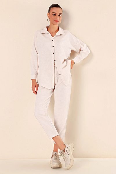 hazelin Women's Cream Linen Shirt and Trousers Bottom-Top Double Suit HZL23W-BD166221