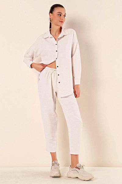 hazelin Women's Cream Linen Shirt and Trousers Bottom-Top Double Suit HZL23W-BD166221