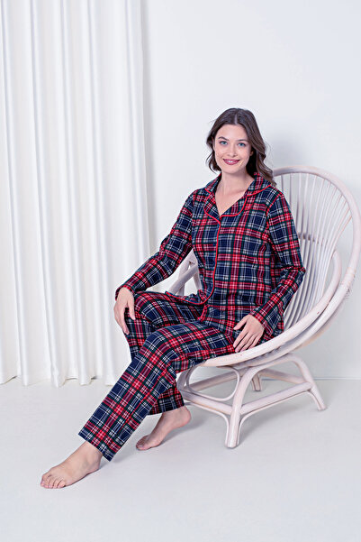 AHENGİM Women's Pajama Set Interlock Plaid All-over Buttoned Cotton Seasonal W20392248
