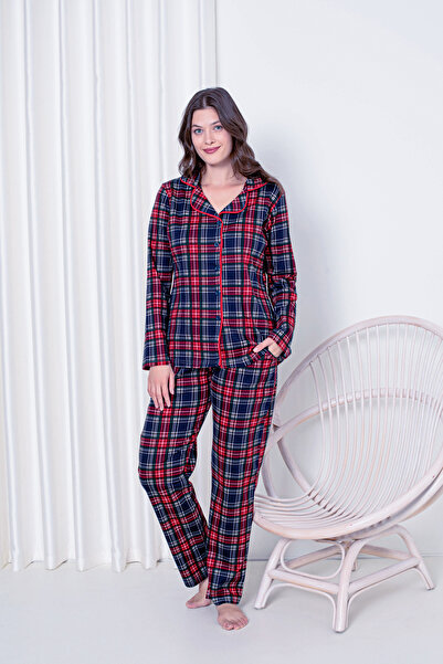 AHENGİM Women's Pajama Set Interlock Plaid All-over Buttoned Cotton Seasonal W20392248
