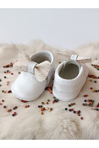 Hodore Sofia White Stoned Genuine Leather Baby Loafer