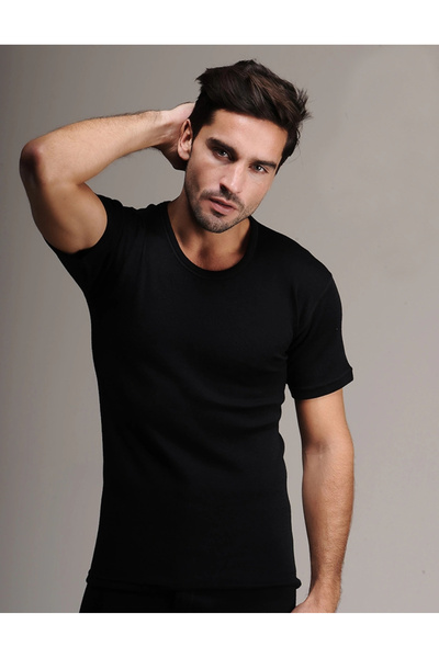 Hasyün Tricou negru din lână cu mânecă scurtă pentru bărbați (pachet de 2)