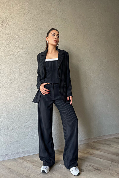 Seda Yalçın Atelier Navy Blue Striped Buttoned Blazer Jacket