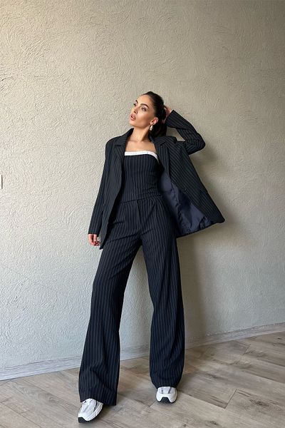 Seda Yalçın Atelier Navy Blue Striped Buttoned Blazer Jacket