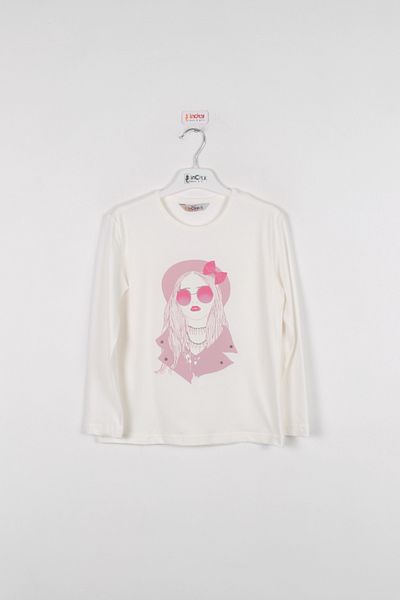 incity Girl's Powder Fuchsia Girl with Glasses Print Detailed Combed Cotton