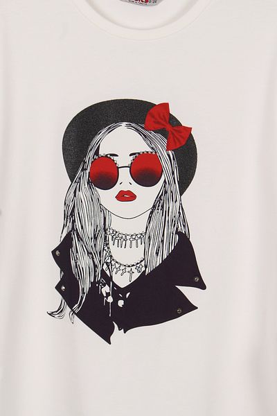 incity Girl's Dark Blue Red Glasses Girl Print Detailed Combed Cotton