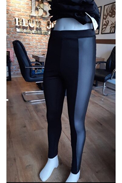 Design Show Kadın Deri Ve pamuk Detay Lastikli Pantalon tayt