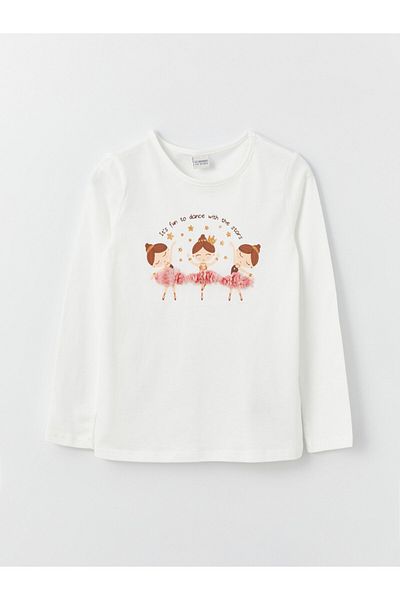 LC Waikiki Long Sleeve Printed Girl's T-Shirt - Crew Neck