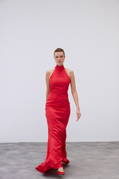 Mozto Mirella Halter Collar Tied Red Maxi Satin Dress