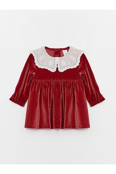 LC Waikiki Baby-Mädchenkleid aus Samt mit Bebe-Kragen und langen Ärmeln