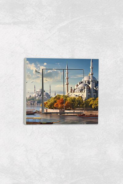 markcat Ovivo Grano (TWO BUTTON PIREZ) UV Printed Istanbul Mosque Pattern White Decorative Commitator Frame Included