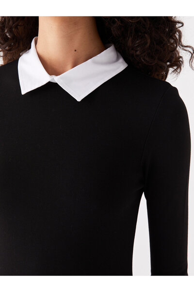 LC Waikiki Gömlek Yaka Düz Uzun Kollu Kadın Elbise