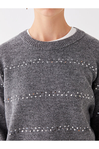 LC Waikiki Bedruckter, langärmliger Oversize-Strickpullover für Damen mit Rundhalsausschnitt