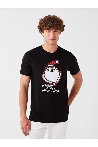 LC Waikiki Crew Neck Short Sleeve New Year Themed Combed Cotton Men's T-Shirt