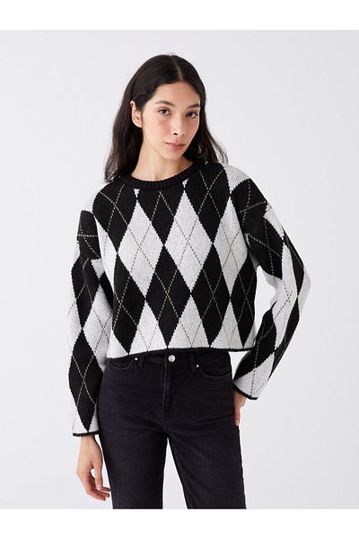LC Waikiki Gemusterter, langärmliger, übergroßer Damen-Strickpullover mit Rundhalsausschnitt