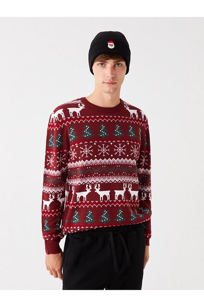 LC Waikiki Langärmliger Herren-Strickpullover mit Rundhalsausschnitt und Neujahrsmotiv