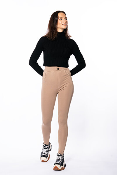 Grenj Fashion Bej Yüksek Bel Düğme Ve Cep Detaylı Toparlayıcı Pantolon Tayt