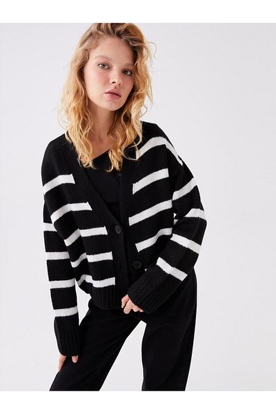 LC Waikiki V-Neck Color Blocked Long Sleeve Women's Knitwear Cardigan