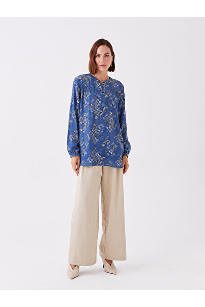 LC Waikiki Gemusterte, langärmlige Damenbluse mit Rundhalsausschnitt