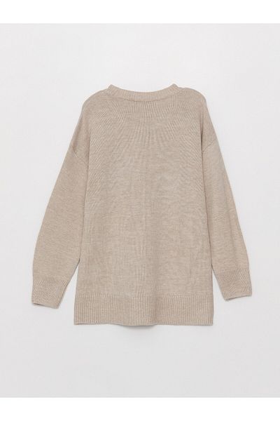 LC Waikiki Einfarbiger, langärmliger, übergroßer Damen-Strickpullover mit Rundhalsausschnitt