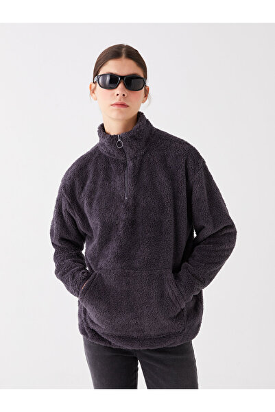 LC Waikiki Oversize dámská plyšová mikina Stand Collar Plain Long Sleeve Oversize