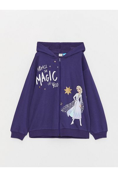LC Waikiki Hooded Elsa Printed Long Sleeve Girl's Zippered Sweatshirt