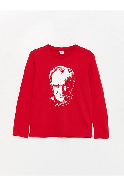 LC Waikiki Langarm-T-Shirt für Jungen mit Rundhalsausschnitt und Atatürk-Aufdruck