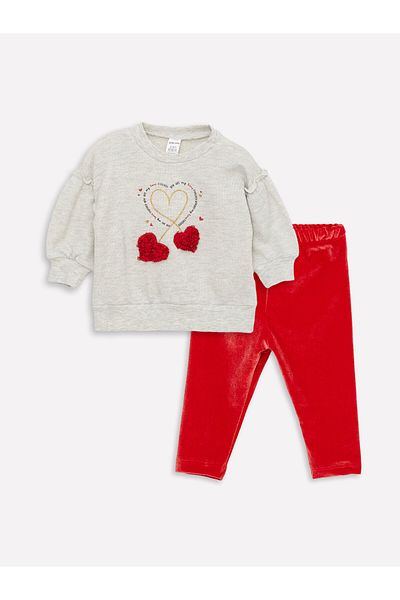 LC Waikiki Crew Neck Printed Baby Girl Sweatshirt and Tracksuit Bottom, Pack of 2