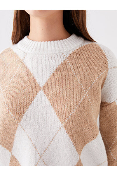 LC Waikiki Bisiklet Yaka Desenli Uzun Kollu Oversize Kadın Triko Kazak