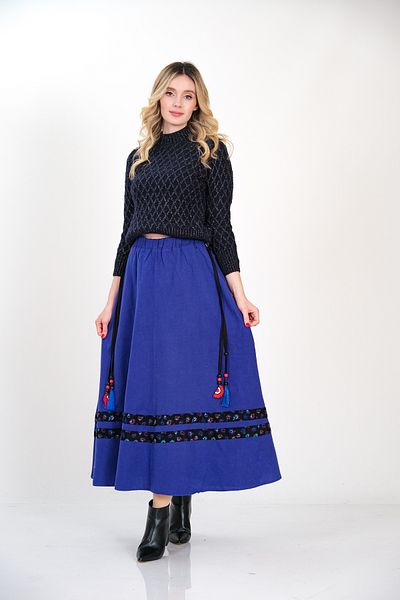 İna Fusta Flanel cu dungi cu talie elastica Fusta lunga de iarna de design special in culoare albastra
