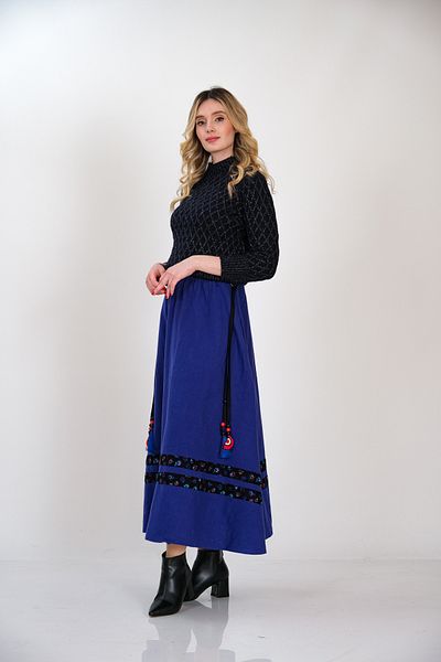 İna Fusta Flanel cu dungi cu talie elastica Fusta lunga de iarna de design special in culoare albastra