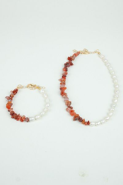 Pridza Agate Natural Stone and Real Pearl Necklace Bracelet Set
