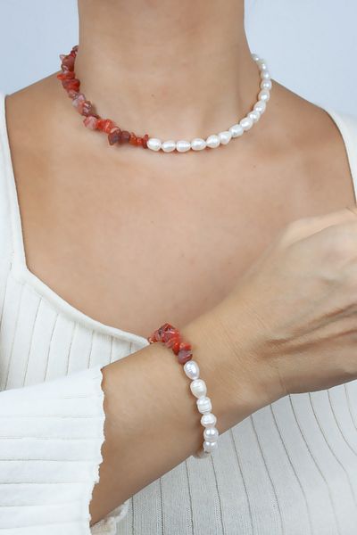 Pridza Agate Natural Stone and Real Pearl Necklace Bracelet Set