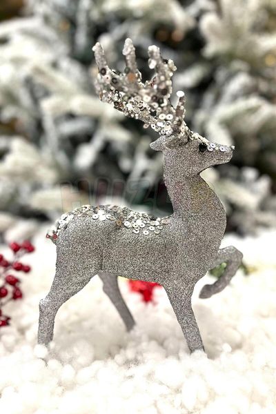Huzur Party Store Ασημί Χρώμα Κομψό Ελάφι Glittery 30 εκ. Παγιέτα με κέρατο πέλματος Πρωτοχρονιάτικο Στολίδι