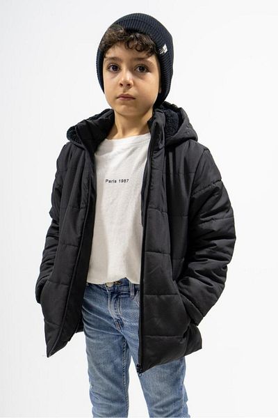 FREE ARSLAN COLLECTİON Black Boy's Coat-Stable Hooded Children's Coat with Plush Fur Fiber Inside