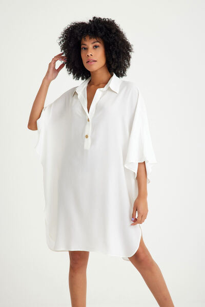 Just Like You Beyaz Gömlek Yaka Kısa Plaj Elbisesi