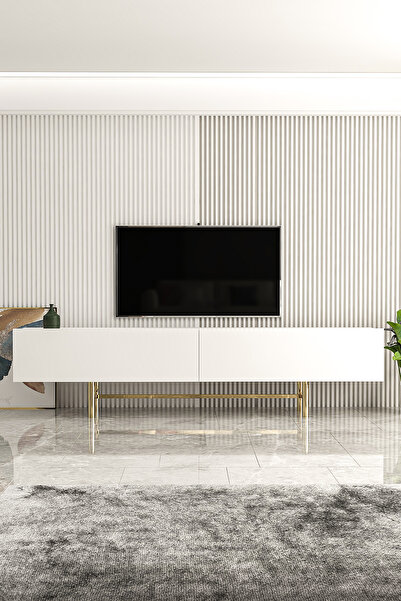 Givayo Mobilya Sezi Altın Demir Ayaklı Beyaz Tv Ünitesi Tv Sehpası