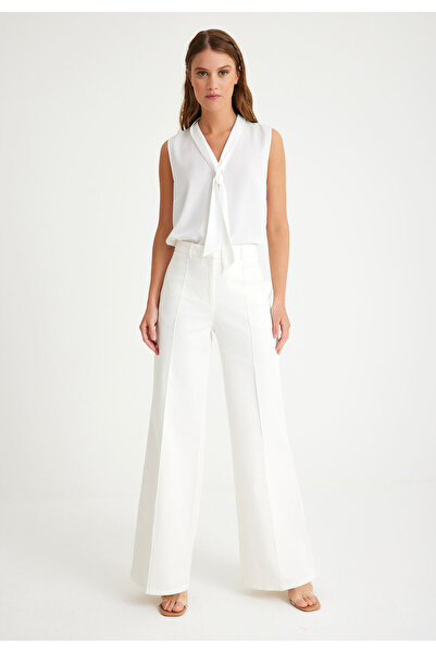 Just Like You Beyaz Nervürlü Bol Paça Kadın Pantolon