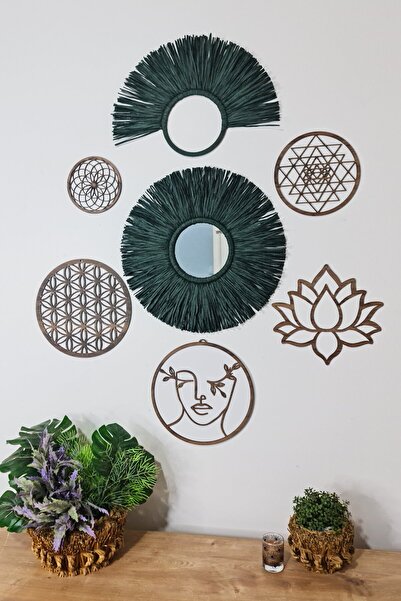 Bubihome Rafya Aynalı Ahşap Duvar Süsü Dev Set 7 Parça