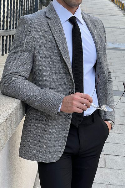 NAZEF Slim Cut Special Production Herringbone Mono Collar Wool Jacket