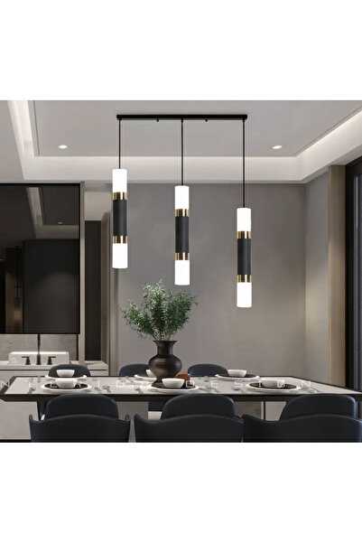 burenze Modern Luxury Tasarım Üçlü Sıralı Led Avize Gold Sarı ve Siyah Detaylı