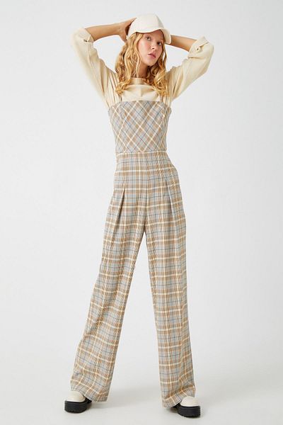 Koton Women's Gray Plaid Jumpsuit