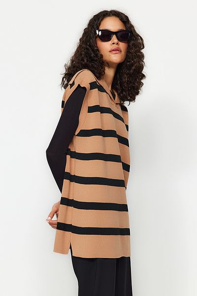 Trendyol Modest Black Sailor Neck Striped Knitwear Sweater TCTAW24UV00034